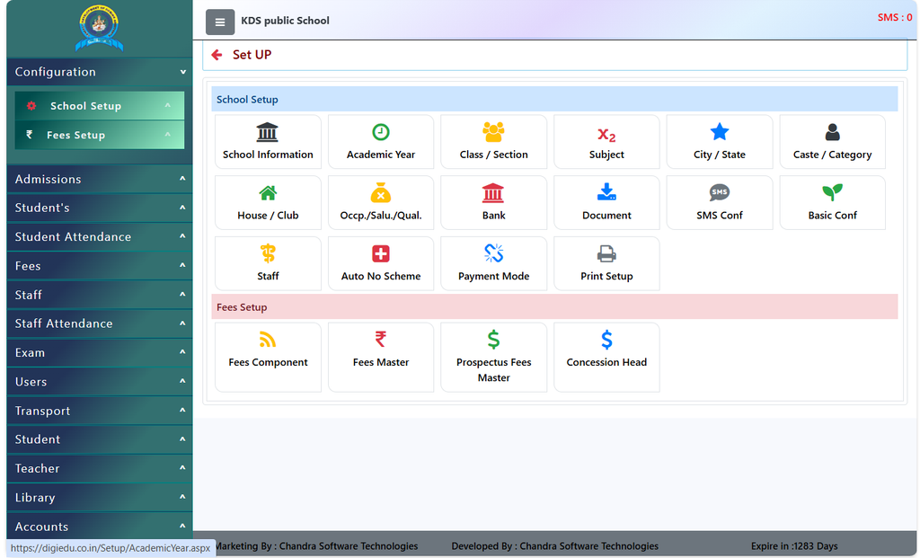 School Configuration Dashboard in Digiedu ERP
