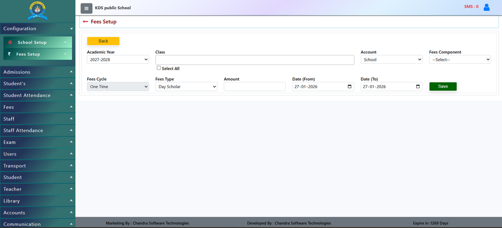 Fees Setup dashboard